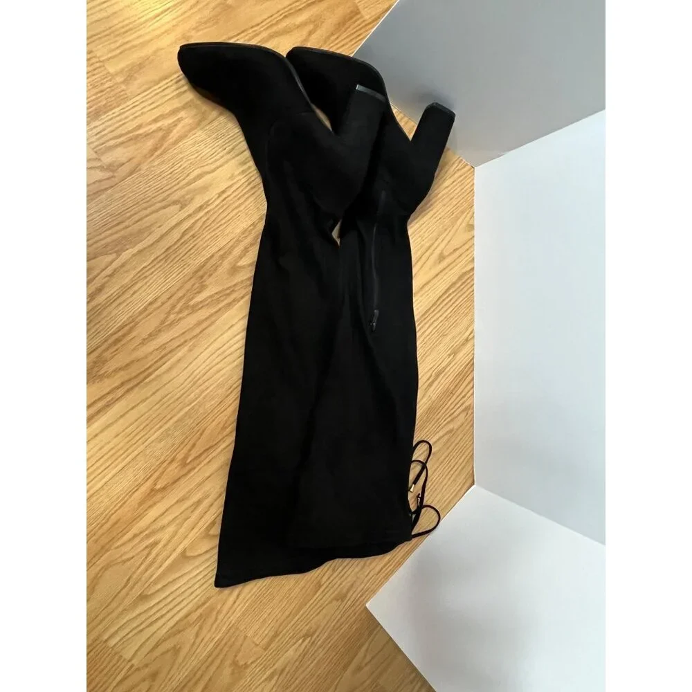 Over-The-Knee Black Suede Boots By Vepose Size 8 Block Heel Side Zipper & Tie Ba